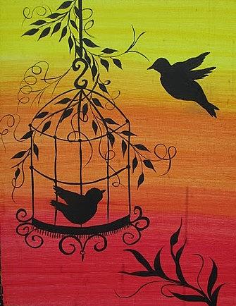 335x434 Bird Cage Silhouette Painting By Archana Kari - Bird In Cage Painting
