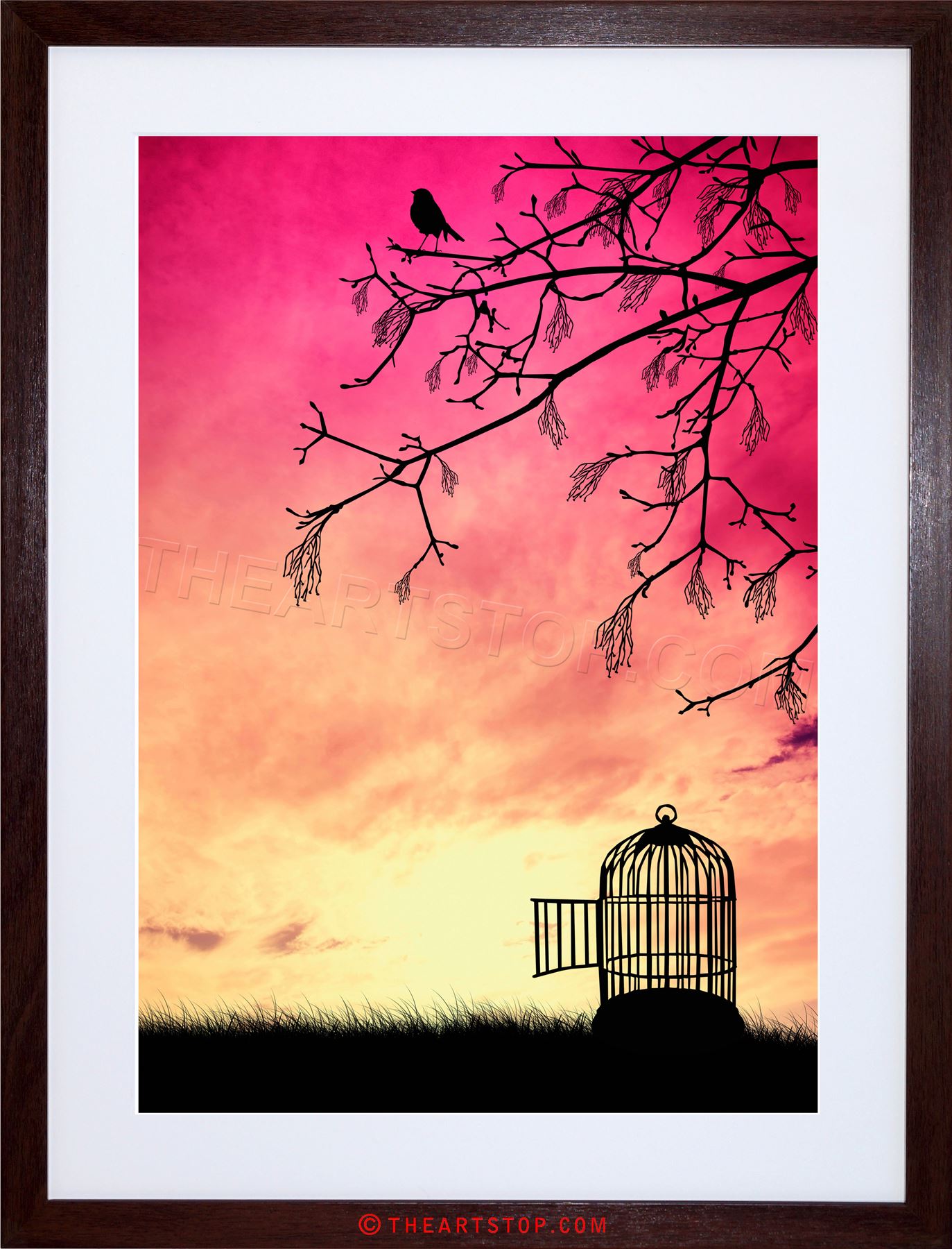 1373x1800 Painting Drawing Bird Cage Free Tree Branch Sunset Framed Print - Bird In Cage Painting