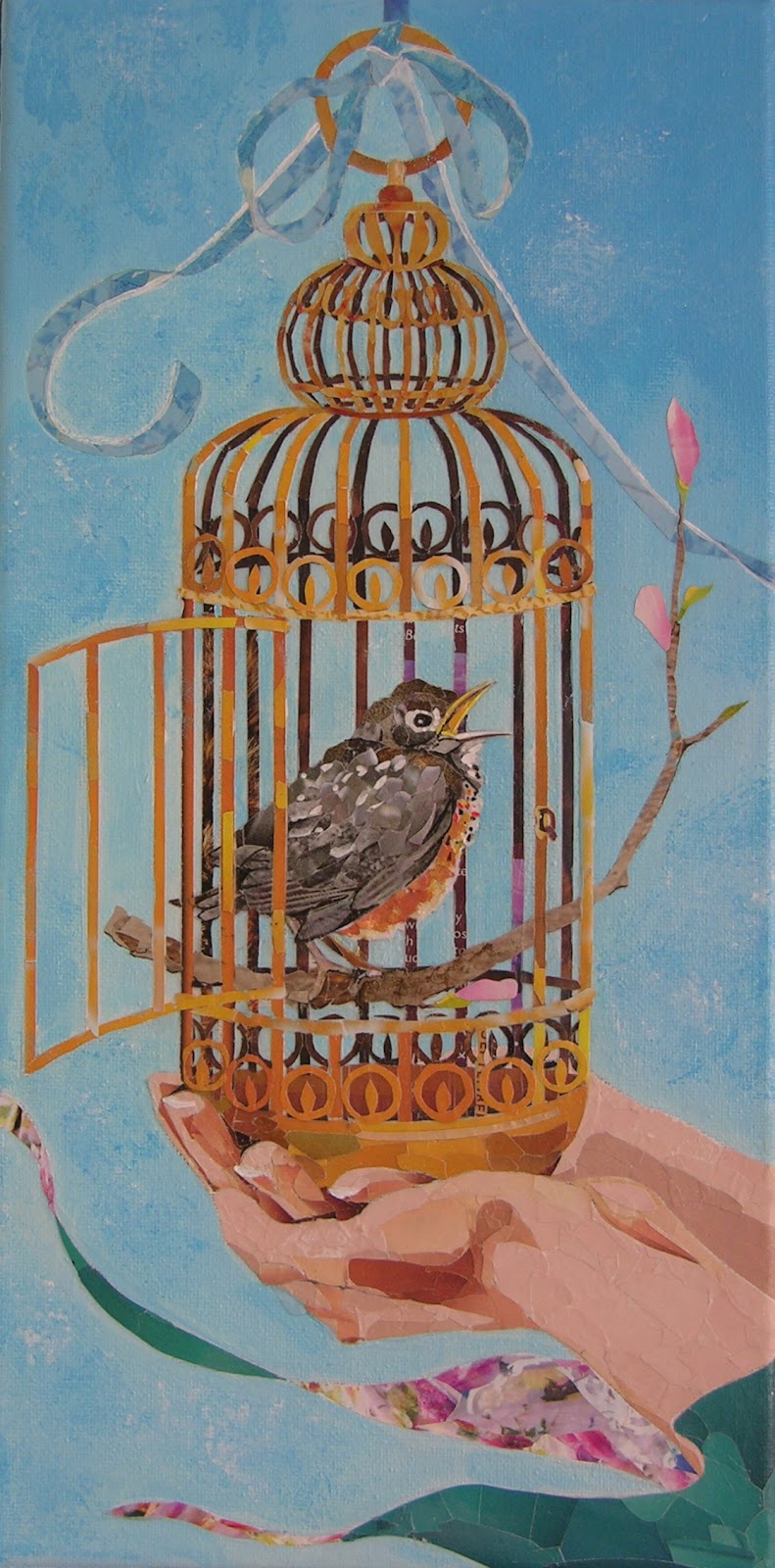 791x1600 Robin M Birrell Robin Bird Paper Painting 7x14 Inch Canvas - Bird In Cage Painting