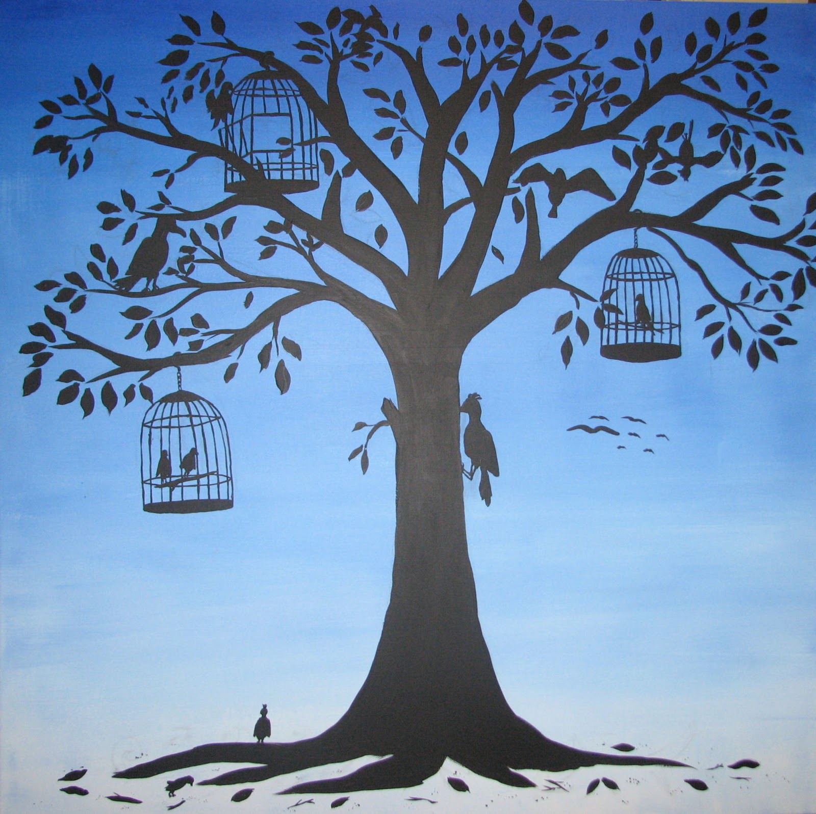 1600x1597 Arty Crafty Studio Whimsical Painting Bird Tree - Bird In Cage Painting