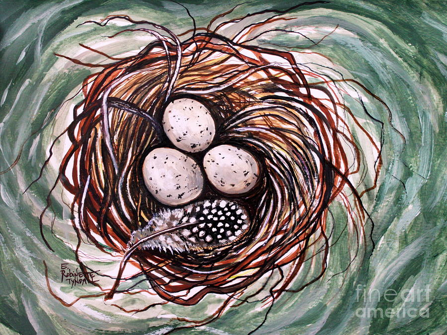 900x675 Bird Nest And A Feather Painting By Elizabeth Robinette Tyndall - Bird Nest Painting