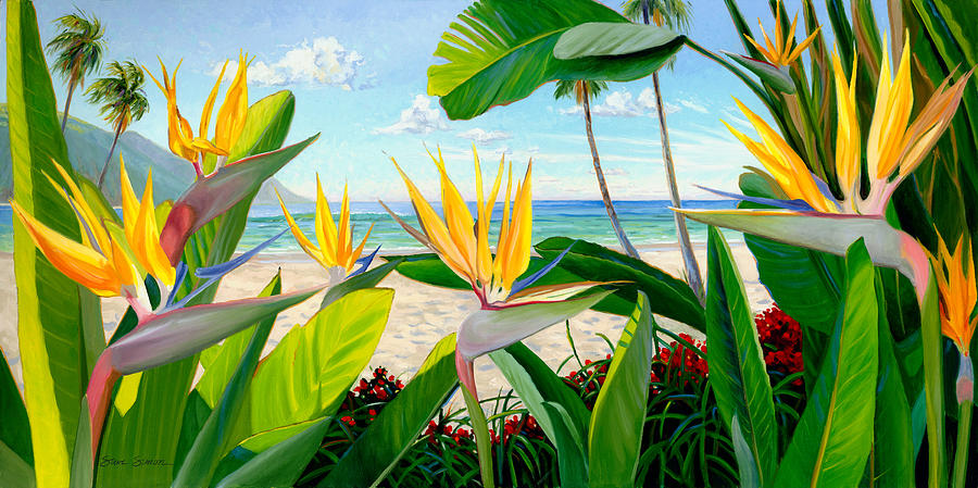900x449 Birds Of Paradise Painting By Steve Simon - Bird Of Paradise Painting