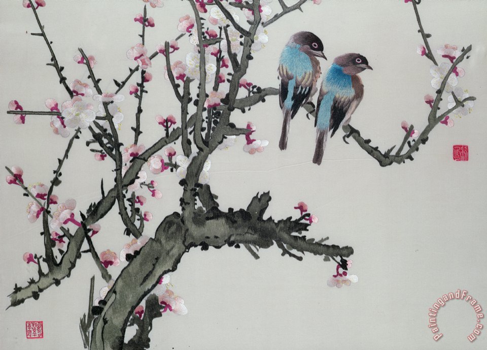 960x689 Chinese School Pair Of Birds On A Cherry Branch Painting - Bird On Branch Painting