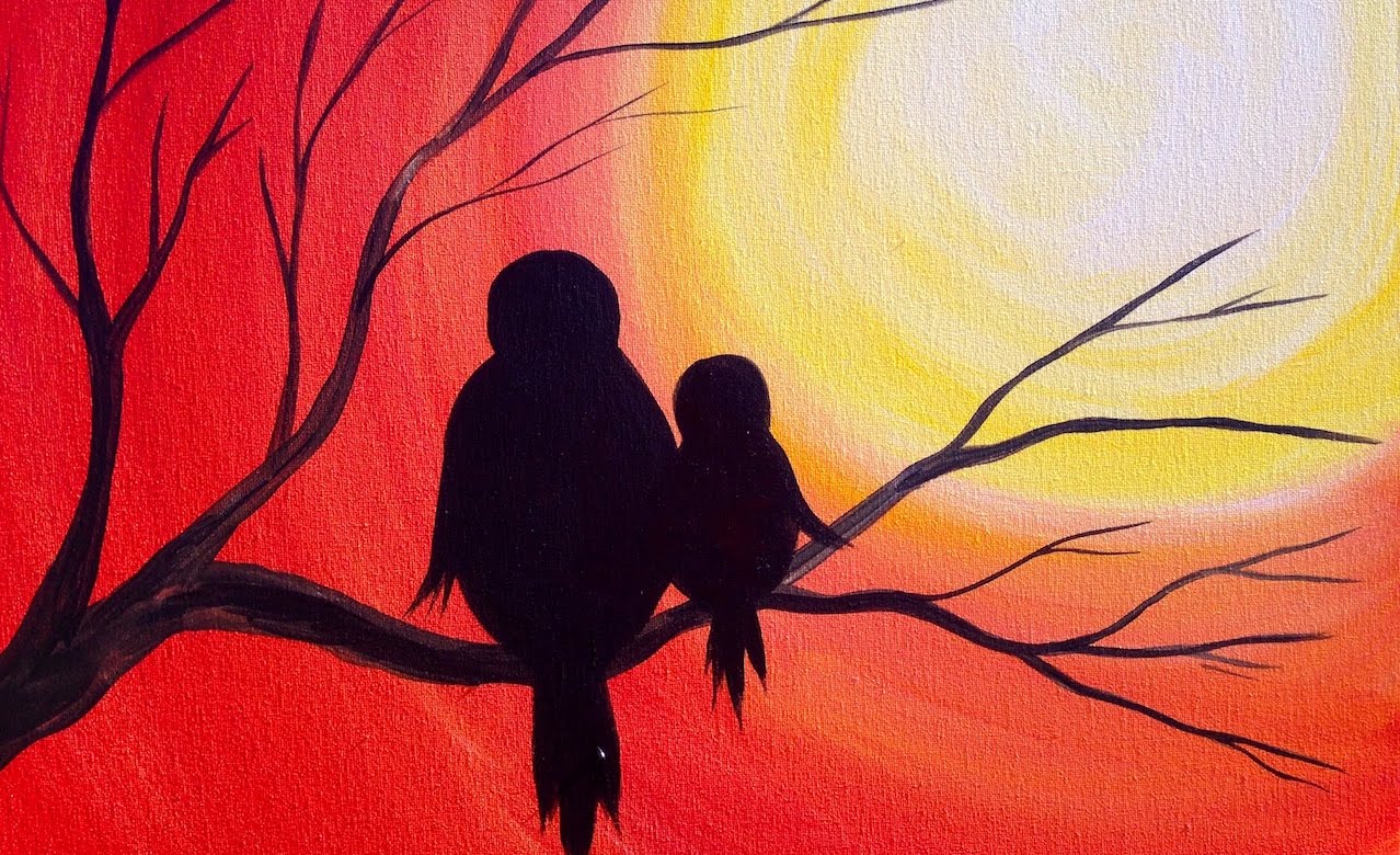 1278x780 Easy Acrylic Painting Simple Mama Bird Sunset The Art Sherpa - Bird On Branch Painting