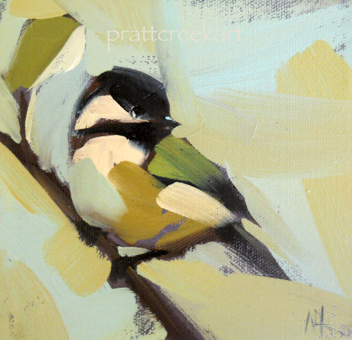 1160x1121 Four Chickadees On Leafy Branches Angela Moulton's Painting A Day - Bird On Branch Painting