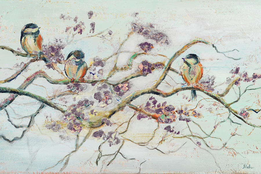 900x600 Birds On Cherry Blossom Branch Painting By Patricia Pinto - Bird On Branch Painting