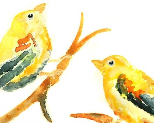 500x400 Cute Yellow Nursery Art, Birds Watercolor, Yellow Bird Painting - Bird Painting For Kids