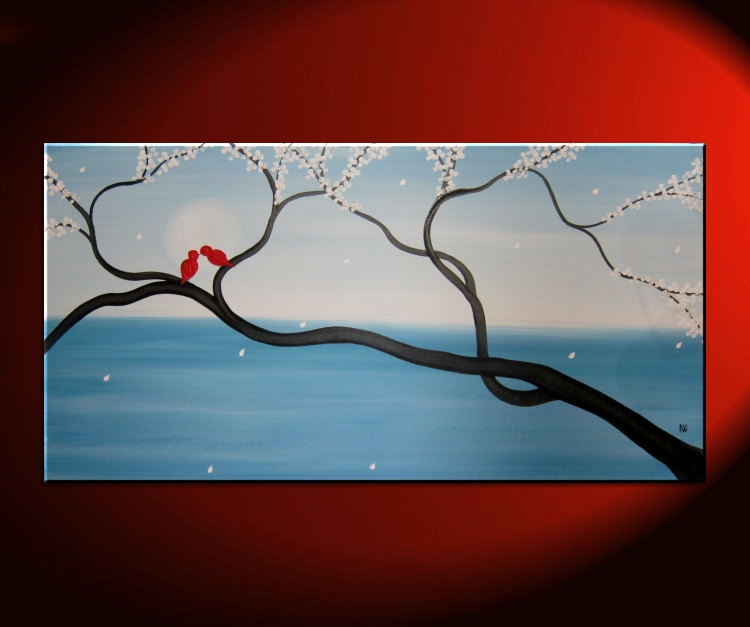 750x627 Light Blue Love Bird Painting Large Seascape And Cherry Blossom - Bird Painting Images