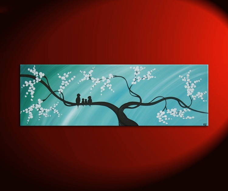 750x627 Bird Family Painting Original Modern Textured Tree Blossom Art - Bird Painting On Canvas
