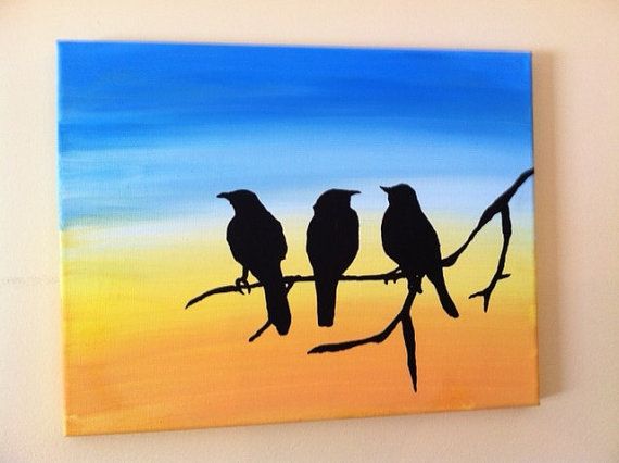 570x426 Original Acrylic Silhouette Painting Of Birds On A Tree Branch - Bird Silhouette Painting