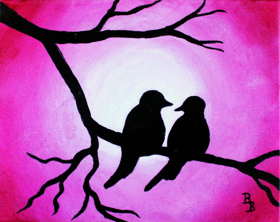 900x713 Red Love Birds Silhouette Painting By Bob Baker - Bird Silhouette Painting