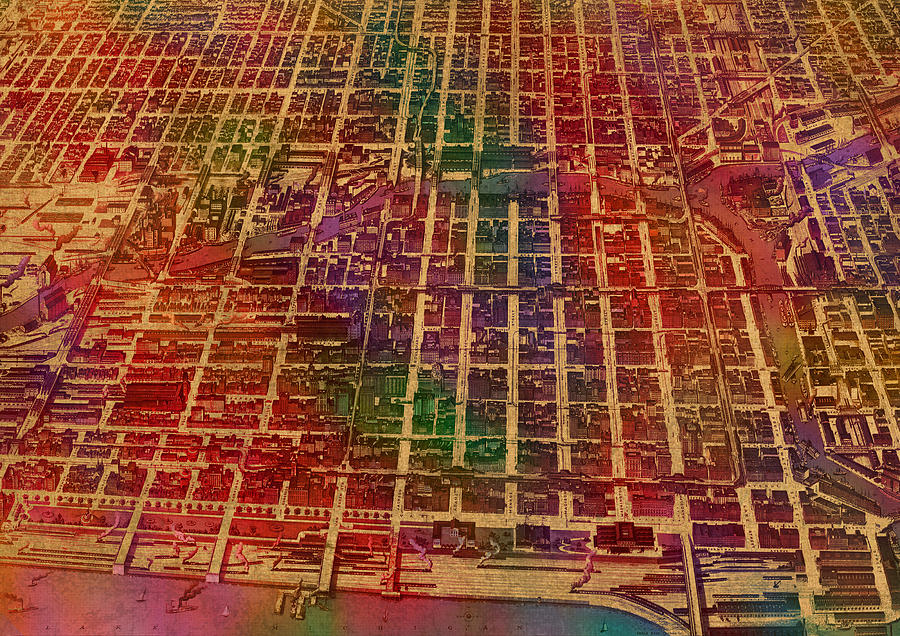 900x636 Chicago Illinois Map Business District 1898 Birds Eye View - Birds Eye View Painting