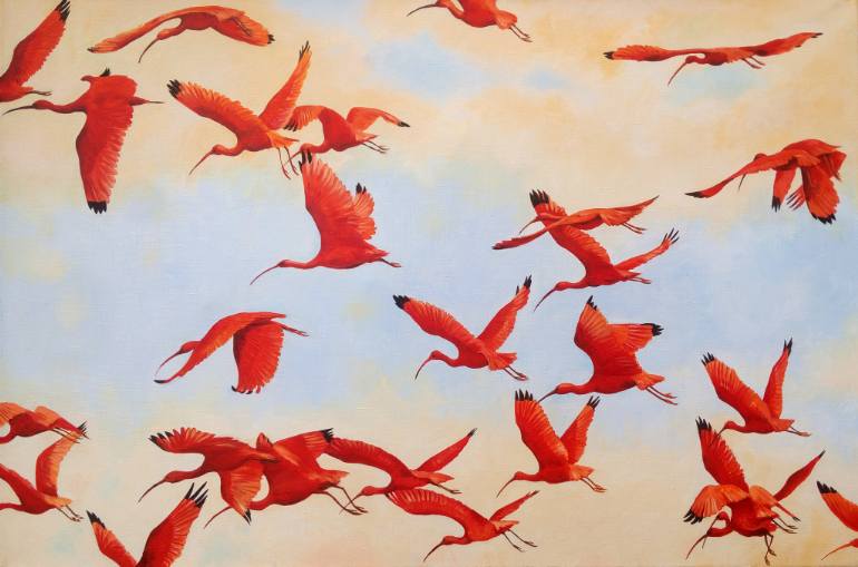 770x509 Saatchi Art Flying Scarlet Ibises Red Birds Tropical Birds - Birds For Painting
