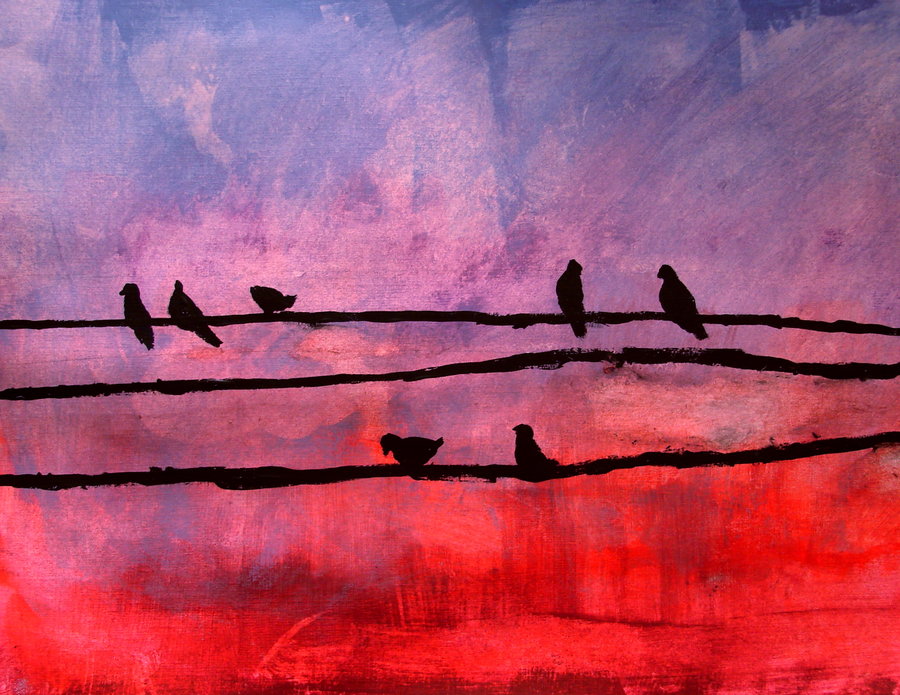 900x695 Birds A Wire By Kiwikero - Birds On A Wire Painting