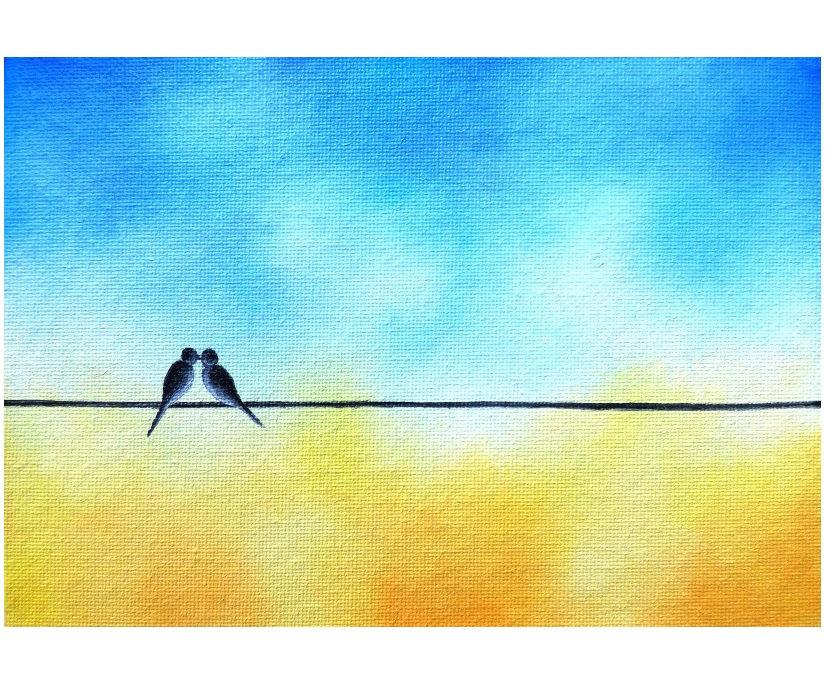 825x689 Love Birds On A Wire Art, Love Bird Painting, Original Oil - Birds On A Wire Painting