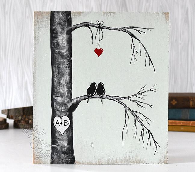 648x573 Love Birds In Tree Painting On Wood - Birds On Tree Painting
