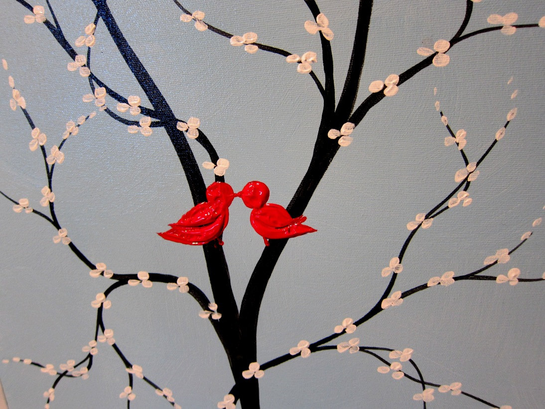 1094x821 Red Love Birds And Tree Painting Light Blue Happy Art Textured - Birds On Tree Painting