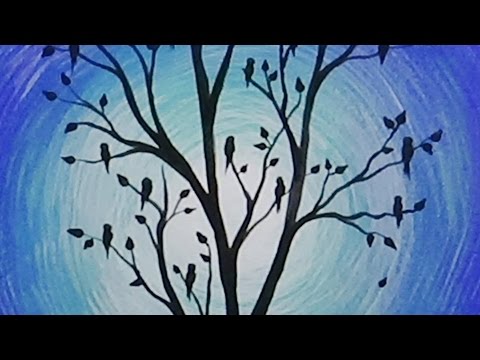 480x360 Acrylic Painting Birds In A Birch Tree Silhouette Painting - Birds On Tree Painting