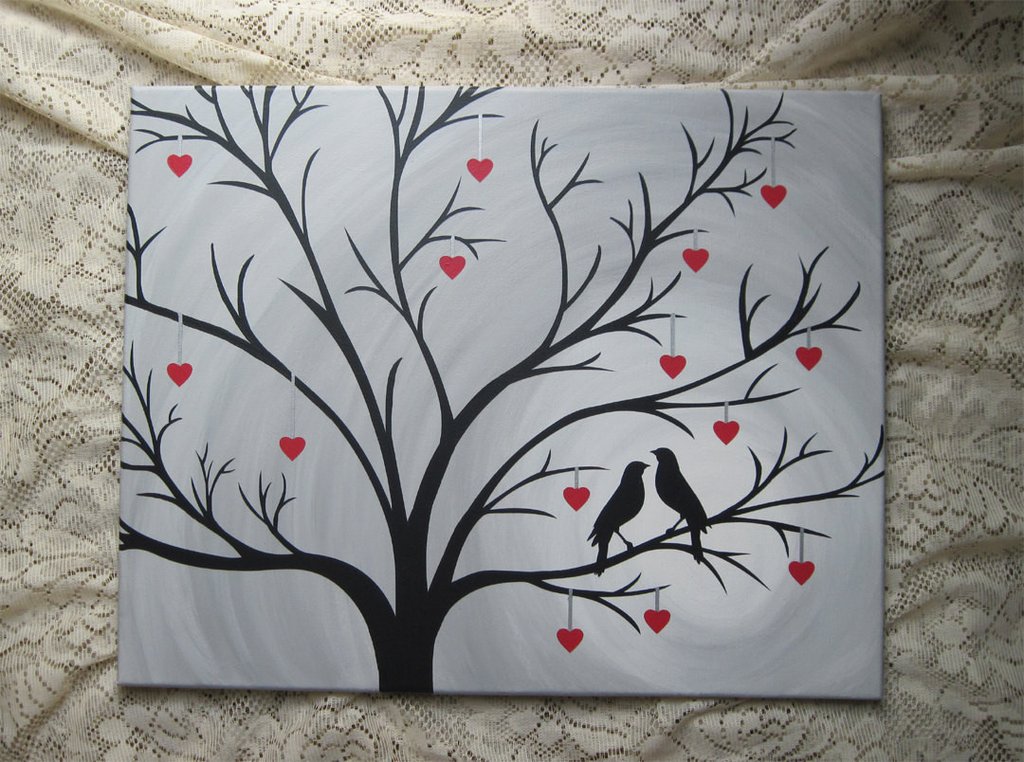 1024x762 Birds In Heart Tree Silhouette Painting Hand Painted Canvas Art - Birds On Tree Painting