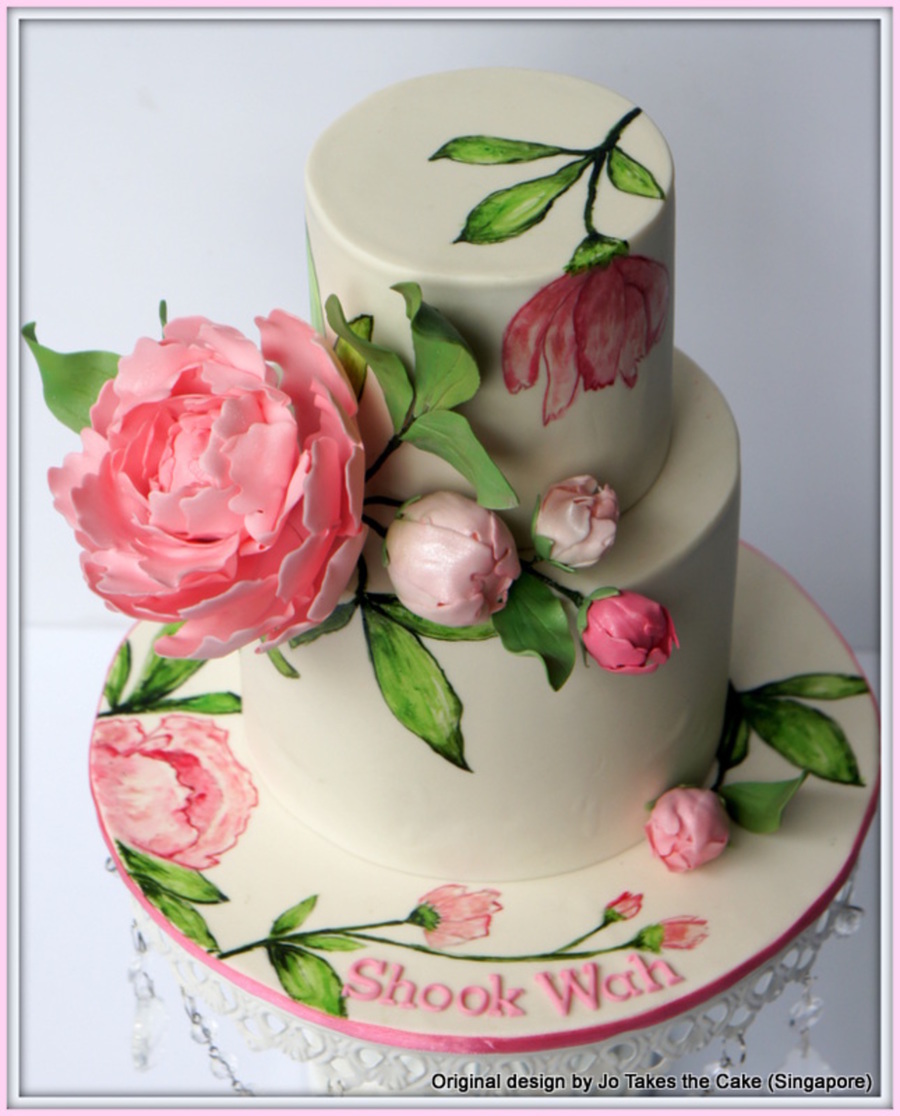 900x1116 Hand Painted Peony Birthday Cake - Birthday Cake Painting