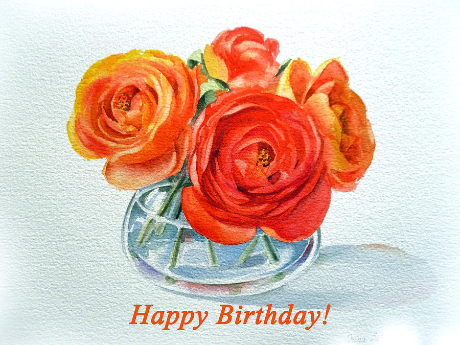 900x675 Happy Birthday Card Flowers Painting By Irina Sztukowski - Birthday Card Painting