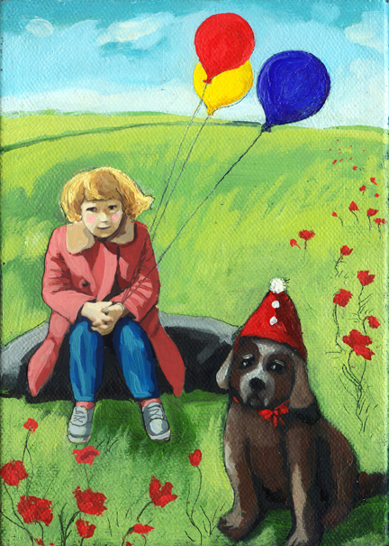 432x605 Poppy Field Little Girls Party People Fantasy Painting Original - Birthday Painting Images