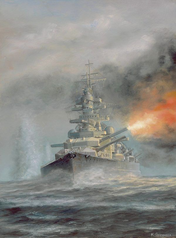 600x811 The Bismarck Fires Her 15 Inch Naval Guns! Painting By Polish - Bismarck Painting