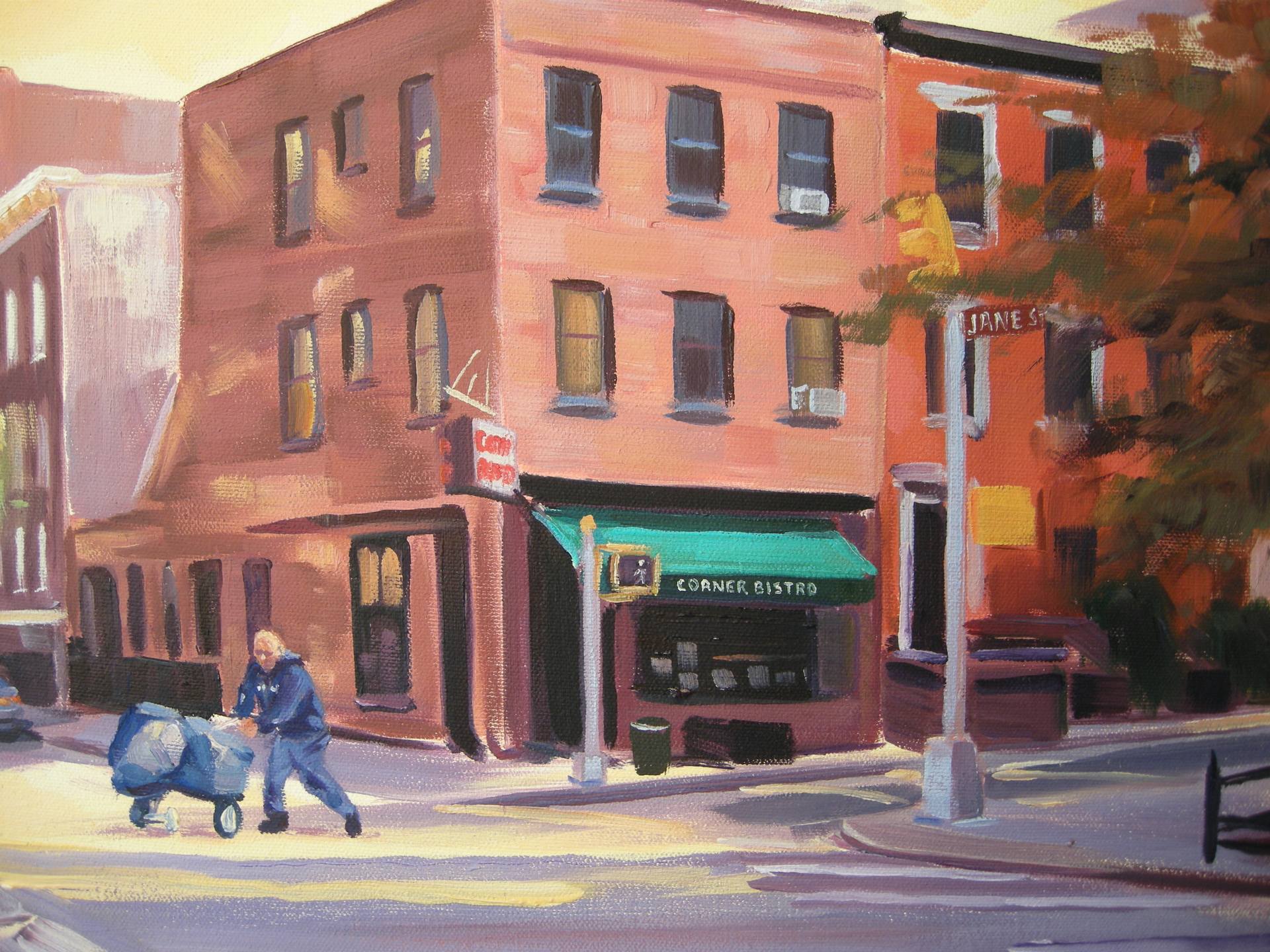 1920x1440 Saatchi Art October Sun, Corner Bistro Painting By Ellen Bradshaw - Bistro Painting