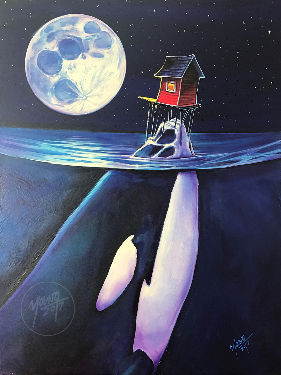 900x1200 Black Fish Blue Moon Painting By Newfoundland Artist Adam Young - Black And Blue Painting