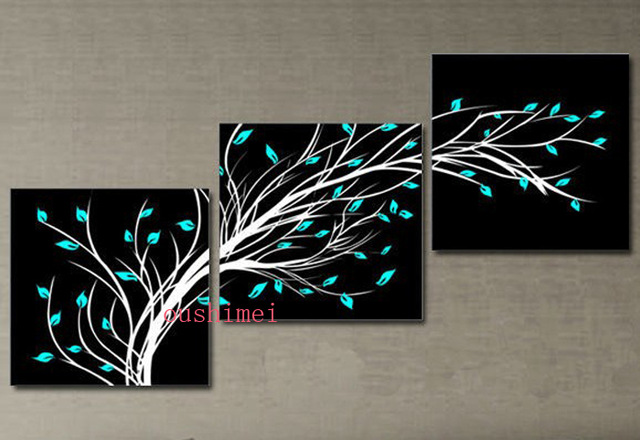 640x440 New Flower Oil Painting Hand Painted 3 Piece Set Black White Blue - Black And Blue Painting
