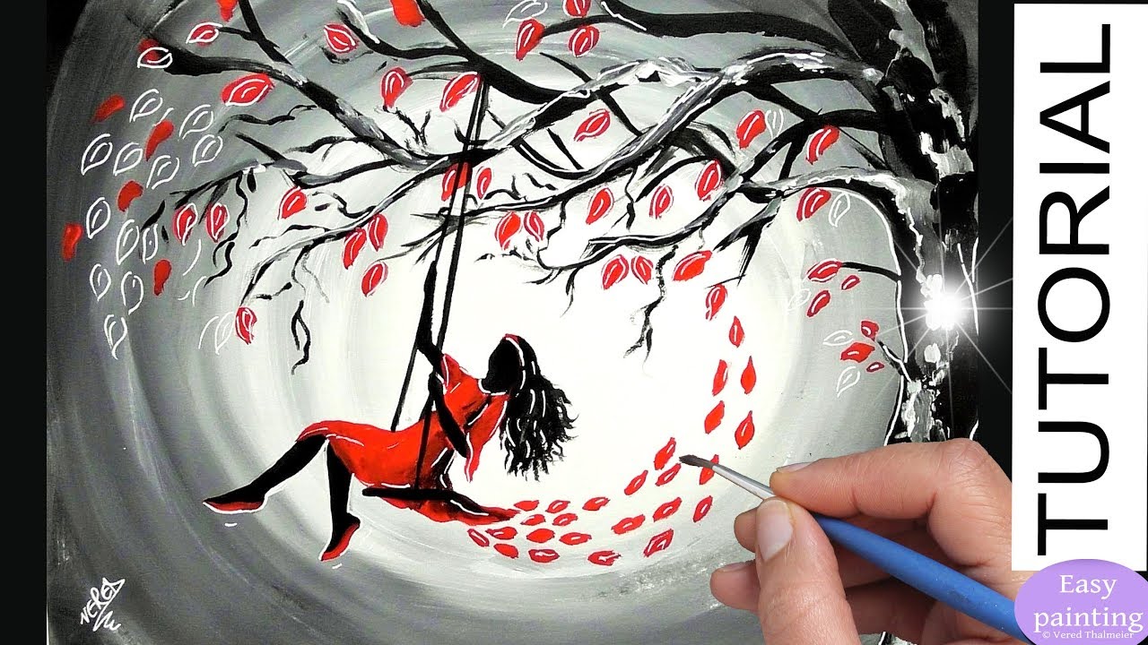1280x720 How To Paint A Woman On A Swing. Red Dress Painting Tutorial Step - Black And Red Painting