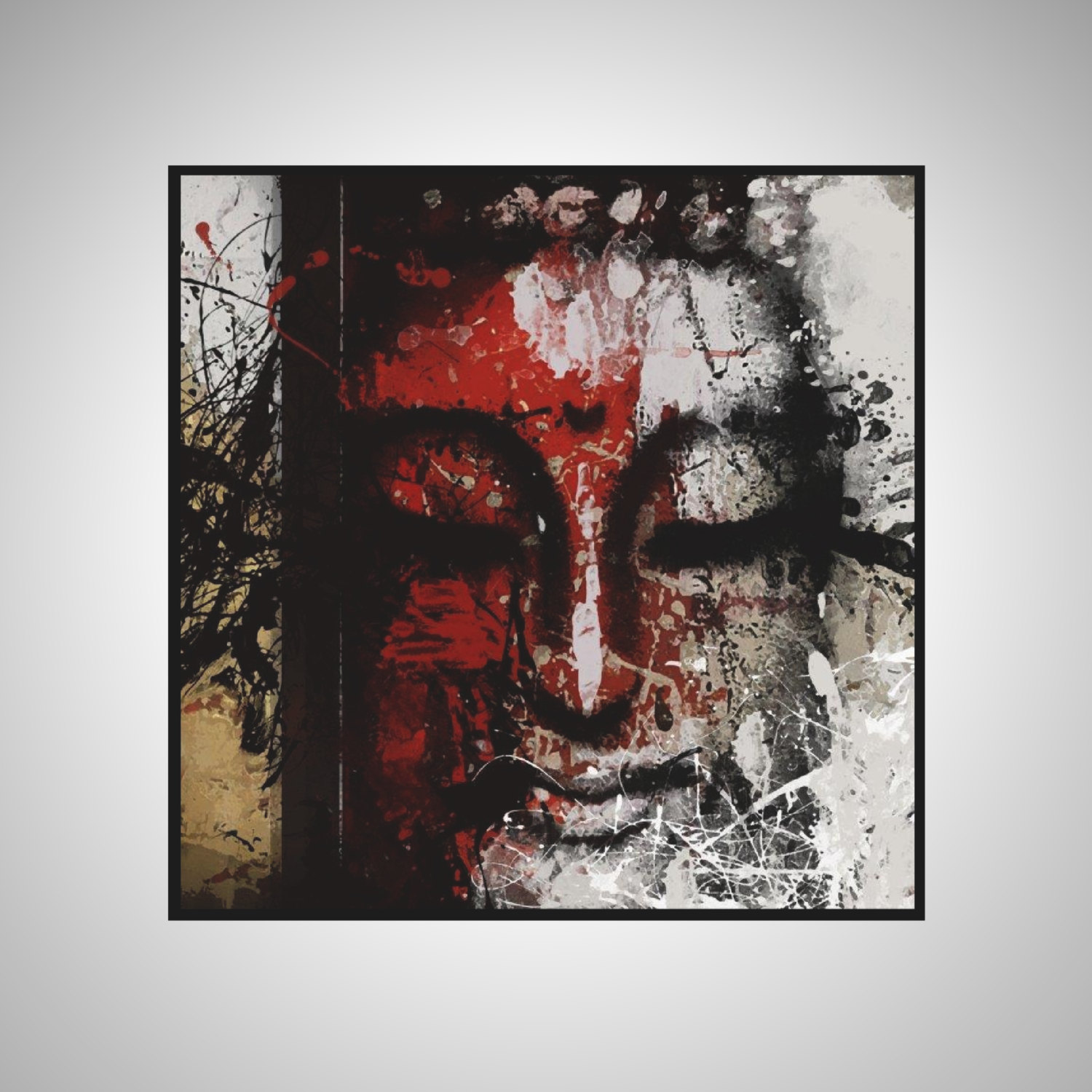 1500x1500 Large Hand Painted Square Abstract Buddha Acrylic Painting - Black And Red Painting
