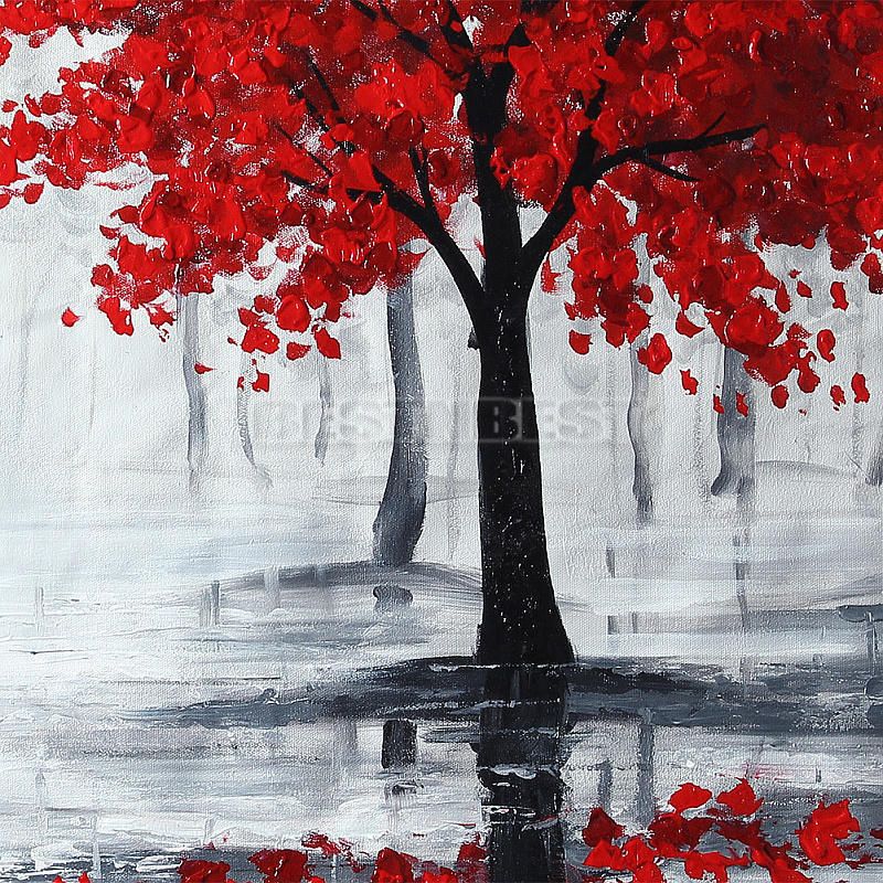 800x800 Large Modern Abstract Red Black Tree Hand Paint Oil Paintings - Black And Red Painting