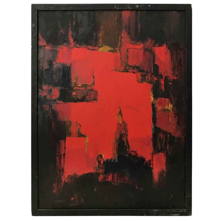 768x768 Mid Century Abstract Painting In Black, Red And Ochre For Sale - Black And Red Painting