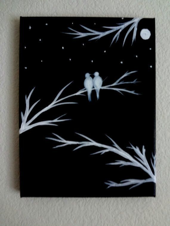 570x760 Black And White Acrylic Painting Canvas Art Love Birds Silhouette - Black And White Acrylic Painting