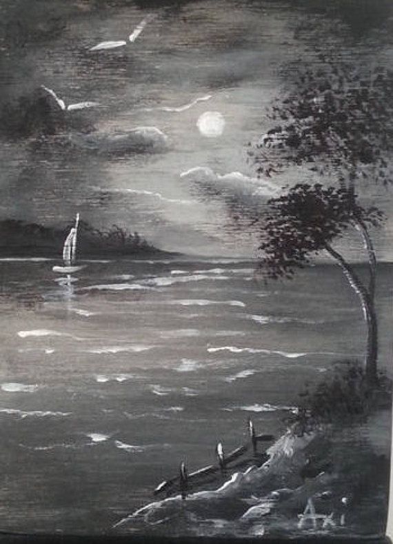 570x789 Black And White Seascape Painting Acrylic Paint Sea View - Black And White Beach Painting
