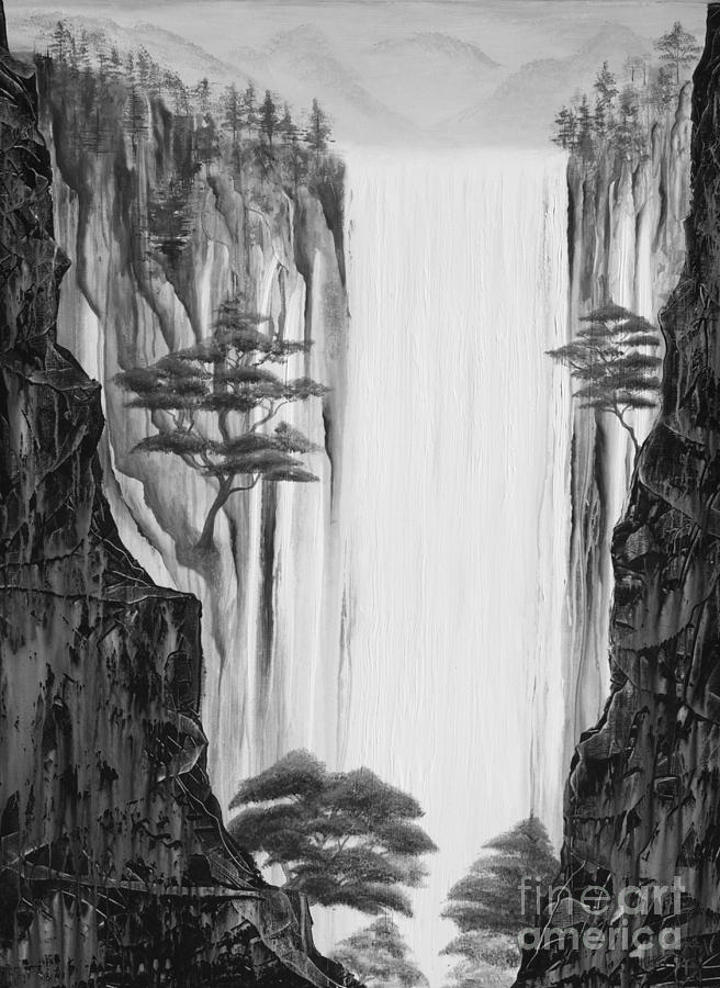 656x900 Mystic Waterfall Painting By Mark Beach - Black And White Beach Painting
