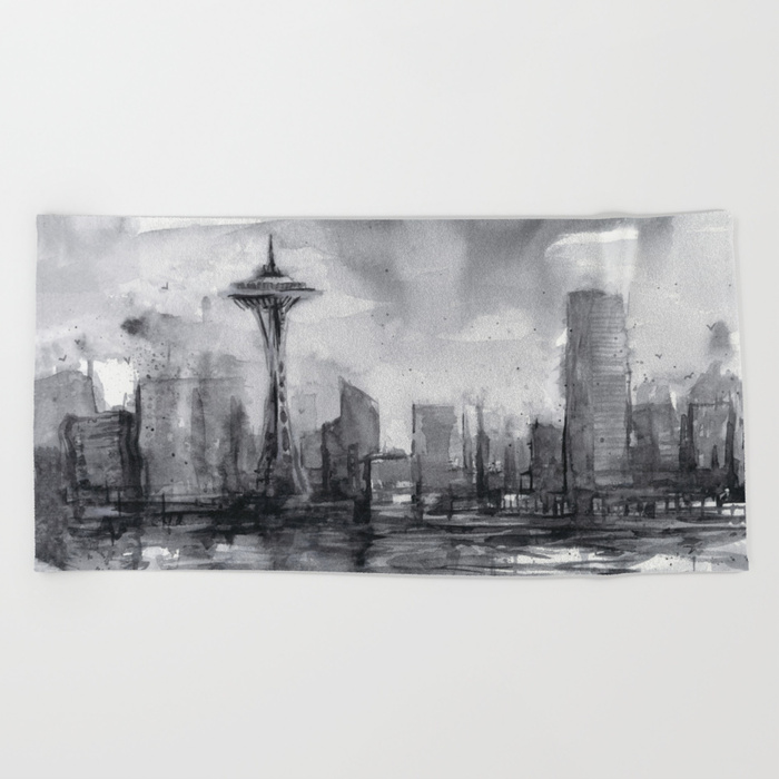 700x700 Seattle Skyline Painting Watercolor Black And White Space Needle - Black And White Beach Painting