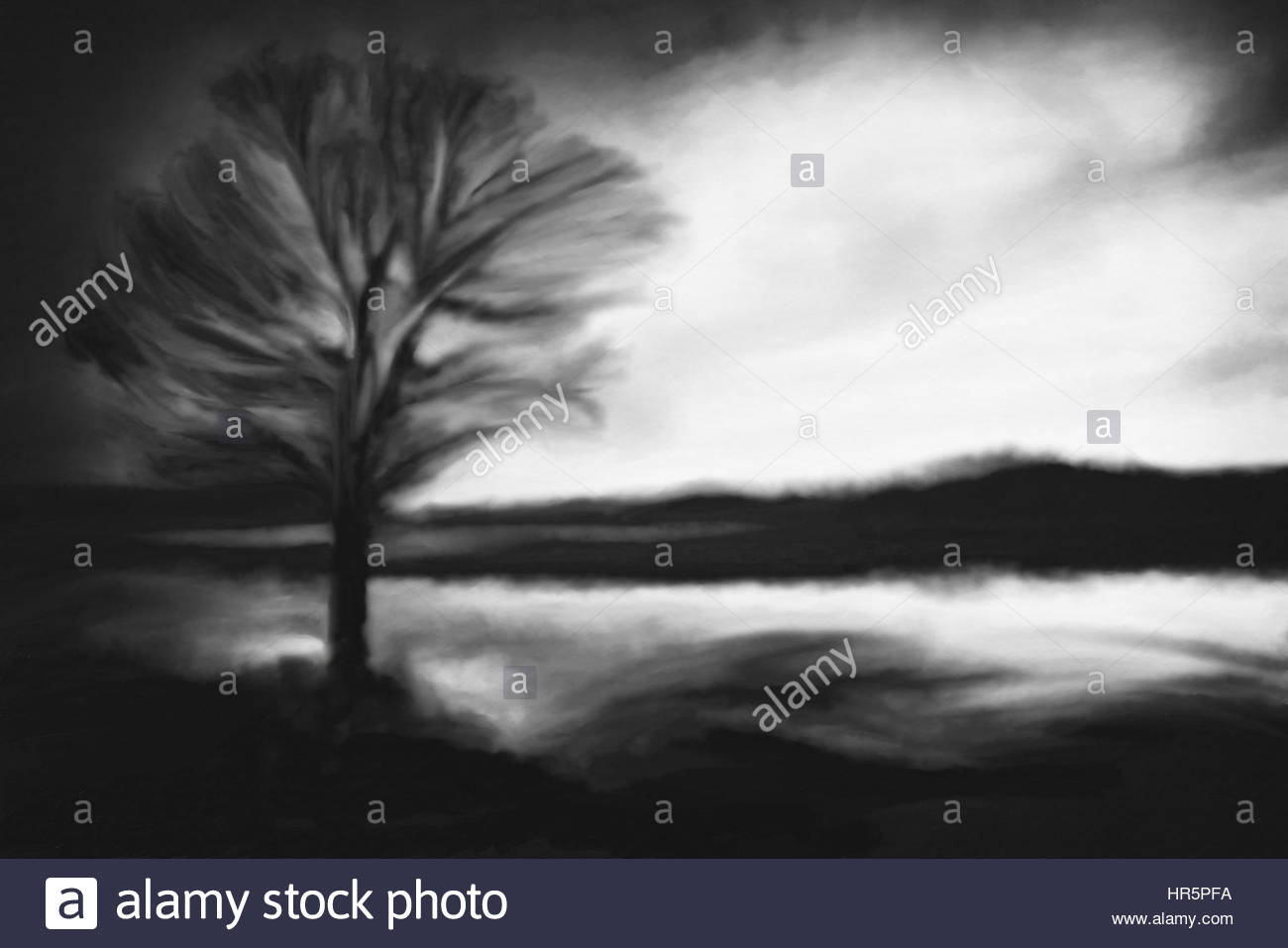 1300x957 Abstract Black And White Watercolor Painting Of Single Tree Stock - Black And White Beach Painting