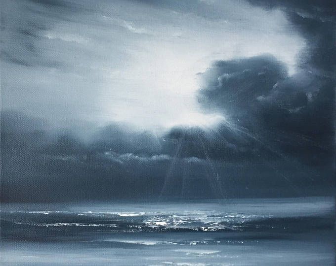 680x540 Black And White Beach Painting, Monochrome Ocean Art, Seascape - Black And White Beach Painting