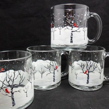 354x354 Coffee Mugs Winter Snow Scene Red Cardinals Black White Birch - Black And White Birch Tree Painting