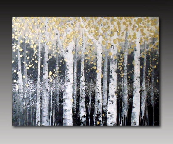 570x475 Yuejin Art Studio Original Abstract Landscape Arcrylic Painting - Black And White Birch Tree Painting