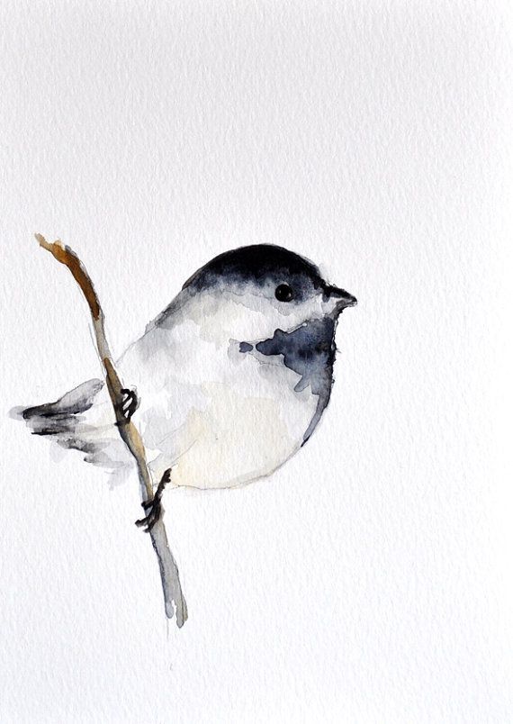 570x804 Chickadee Original Watercolor Bird Painting By Artcornershop - Black And White Bird Painting