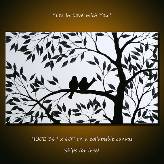 570x570 Original Extra Large Wall Art Modern Birds Painting - Black And White Bird Painting