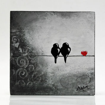 354x354 Original Painting Birds On A Wire Wedding Card Anniversary - Black And White Bird Painting