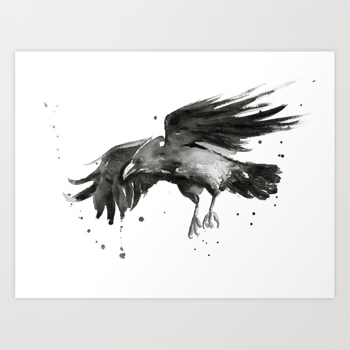700x700 Raven Watercolor Bird Painting Black Animals Art Print By Olechka - Black And White Bird Painting