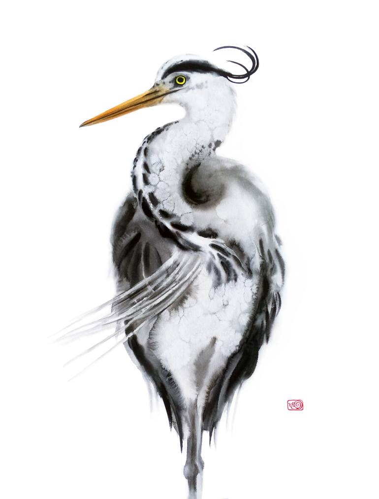 770x1013 Saatchi Art Grey Heron - Black And White Bird Painting