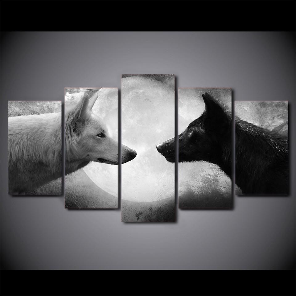 960x960 Black White Wolf Wolves Wolfs Moon Wall Art Canvas Panel Print - Black And White Canvas Painting
