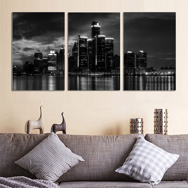 640x640 Canvas Art Paintings Wall Art 3 Pcs Beautiful Detroit Skyline - Black And White Canvas Painting