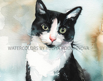 340x270 Black Cat Painting Tuxedo Cat Art Watercolor Print Kitten - Black And White Cat Painting